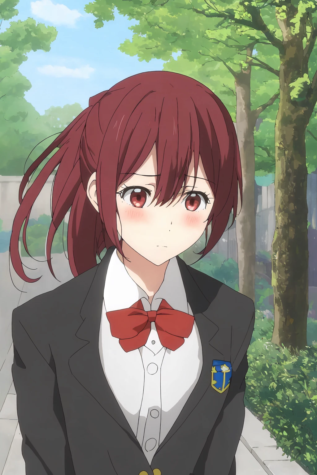 1girl, solo, gou_chan-1, school uniform, ponytail, pleated skirt, red bowtie, badge, cheek bulge, blush