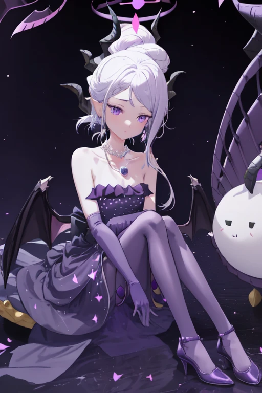 <lora:hina_(dress)_1.5:1>,hina,1girl,demon wings,solo,white background,simple background,looking at viewer,sitting,alternate hairstyle,hair bun,hair ribbon,collarbone,purple dress,elbow gloves,purple pantyhose,purple gloves,halo,bare shoulders,high heels,necklace,alternate costume,
Negative prompt