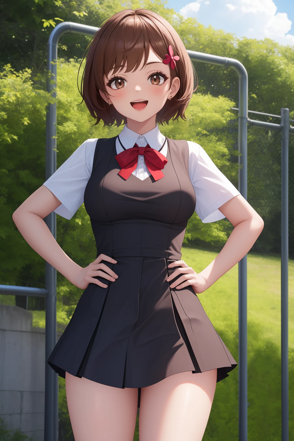 masterpiece, best quality, 1girl, solo, <lora:lass-pokemonhgss-richy-v1:1> lass, hair ornament, ribbon, pinafore dress, (miniskirt:1.4), thighs, white shirt, short sleeves, chain-link fence, leaning back, hands on hips, looking at viewer, :d