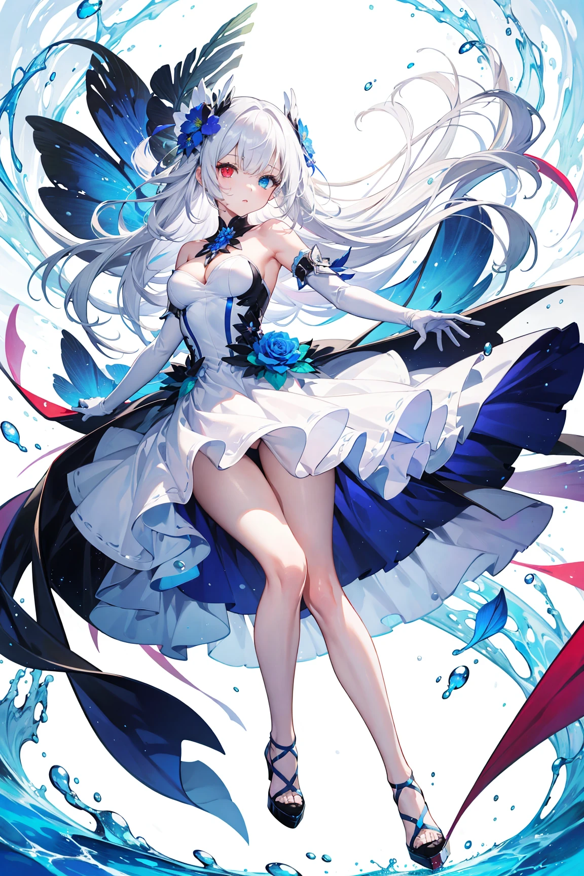 1girl, solo, long hair, breasts, looking at viewer, bangs, blue eyes, red eyes, gloves, dress, bare shoulders, medium breasts, full body, flower, white hair, detached sleeves, elbow gloves, white gloves, white dress, high heels, bare legs, floating hair, heterochromia, red flower, bubble, blue flower