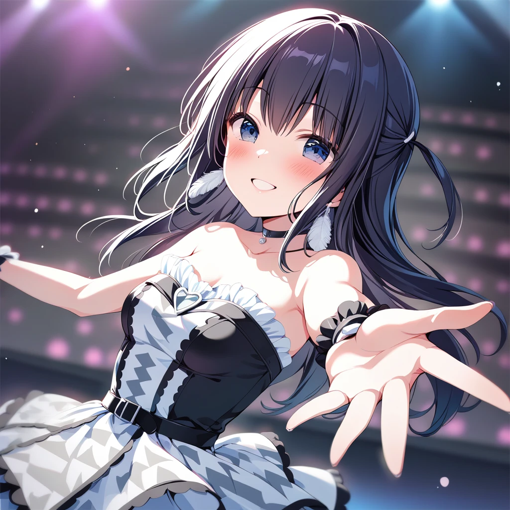 [high quality, best quality], 1girl, solo, nagase mana, one side up, <lora:mana_xl-000019:0.72>, idol-outfit, feather-earrings, black choker, smile, blush, reaching out, stage