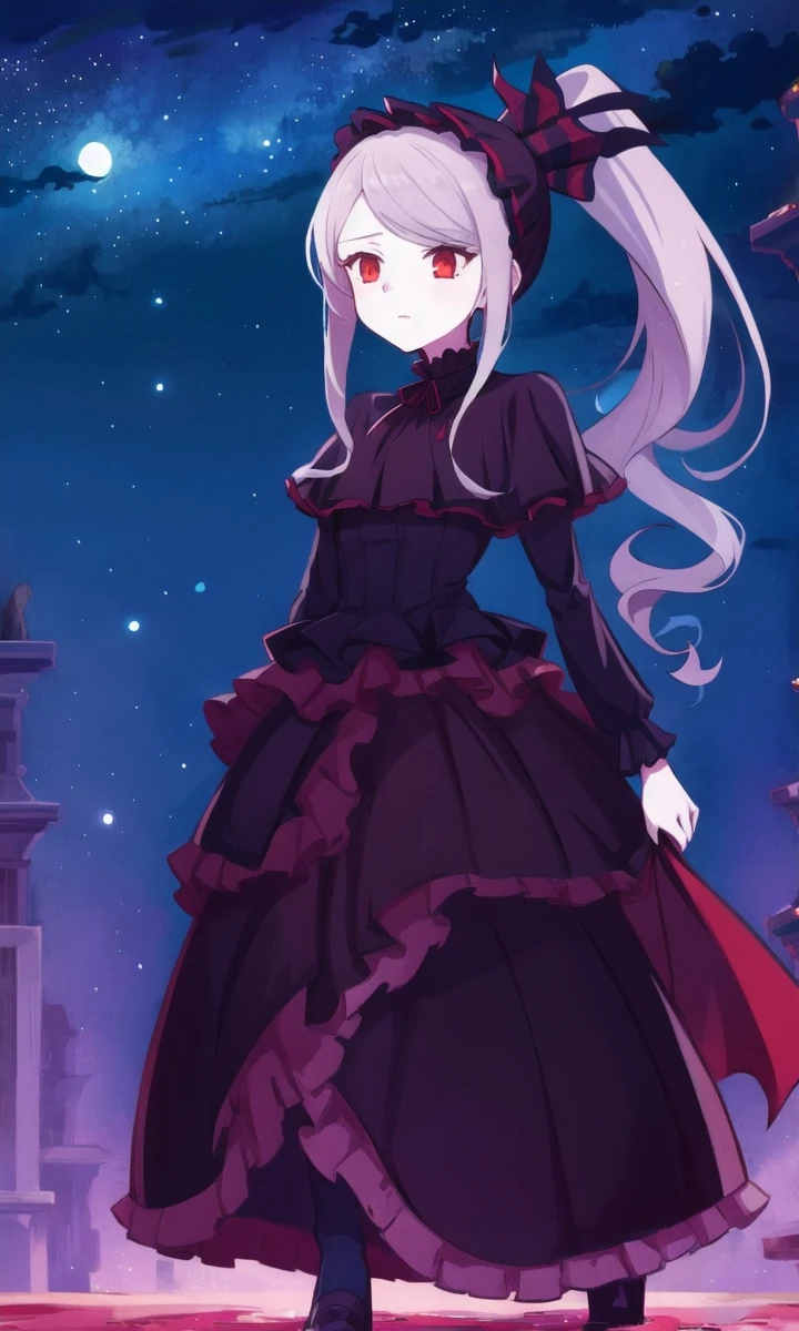 shalltear bloodfallen, shalltearcostume, 1girl, masterpiece, best quality, ponytail, outdoors, night, starry sky, vampire, gothic, <lora:Shalltearnew:1>, full body, closed mouth