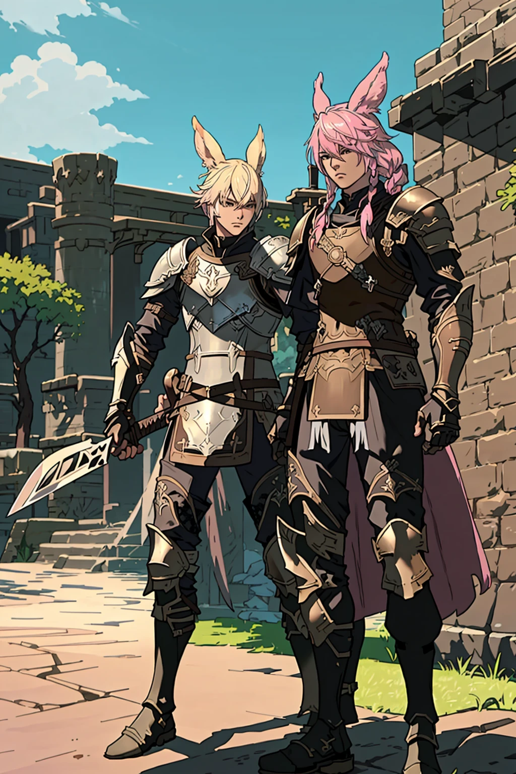 FFXIV_Viera, 1 boy, male focus, two tone hair, blonde hair, holding, standing, weapon, pink hair, braid, boots, outdoors, sword, holding weapon, armor, gauntlets, shield, breastplate, greaves, chainmail, masterpiece, official art, best quality, <lora:FFXIVViera:0.7>