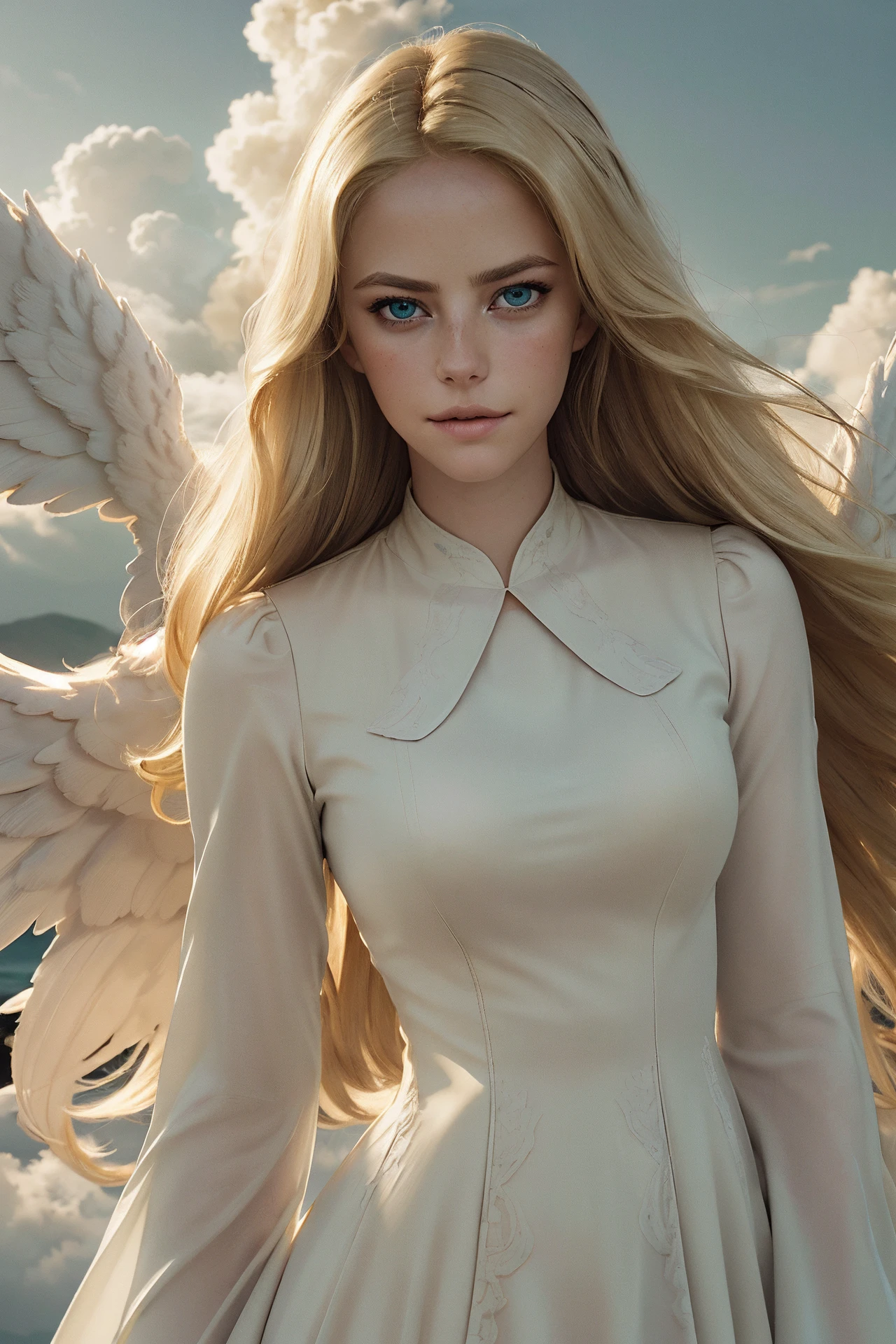 best quality, masterpiece, photorealistic, ultrarealistic, professional photograph shot on Canon EOS R6, 80mm, moody lighting, (beautiful 24 yo swedish angel with large angel wings, edgCloud, wearing a dress made of clouds,fantasy romantic, solo, detailed eyes, looking at viewer, beautiful, , fantasy, , smirk, romantic, solo, heaven, enveloped in clouds, heavenly clouds background BREAK (blonde hair, mid parted hair, straight hair, long hair:1.2), pronounced blush, beautiful green eyes <lora:katiasc0v1:1> katsc0d