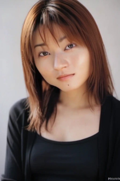 <lora:sawatari:1> A studio portrait of a sawatari, with black casual long-sleeved clothes, centered frame, medium close up 3:4, natural soft background color
