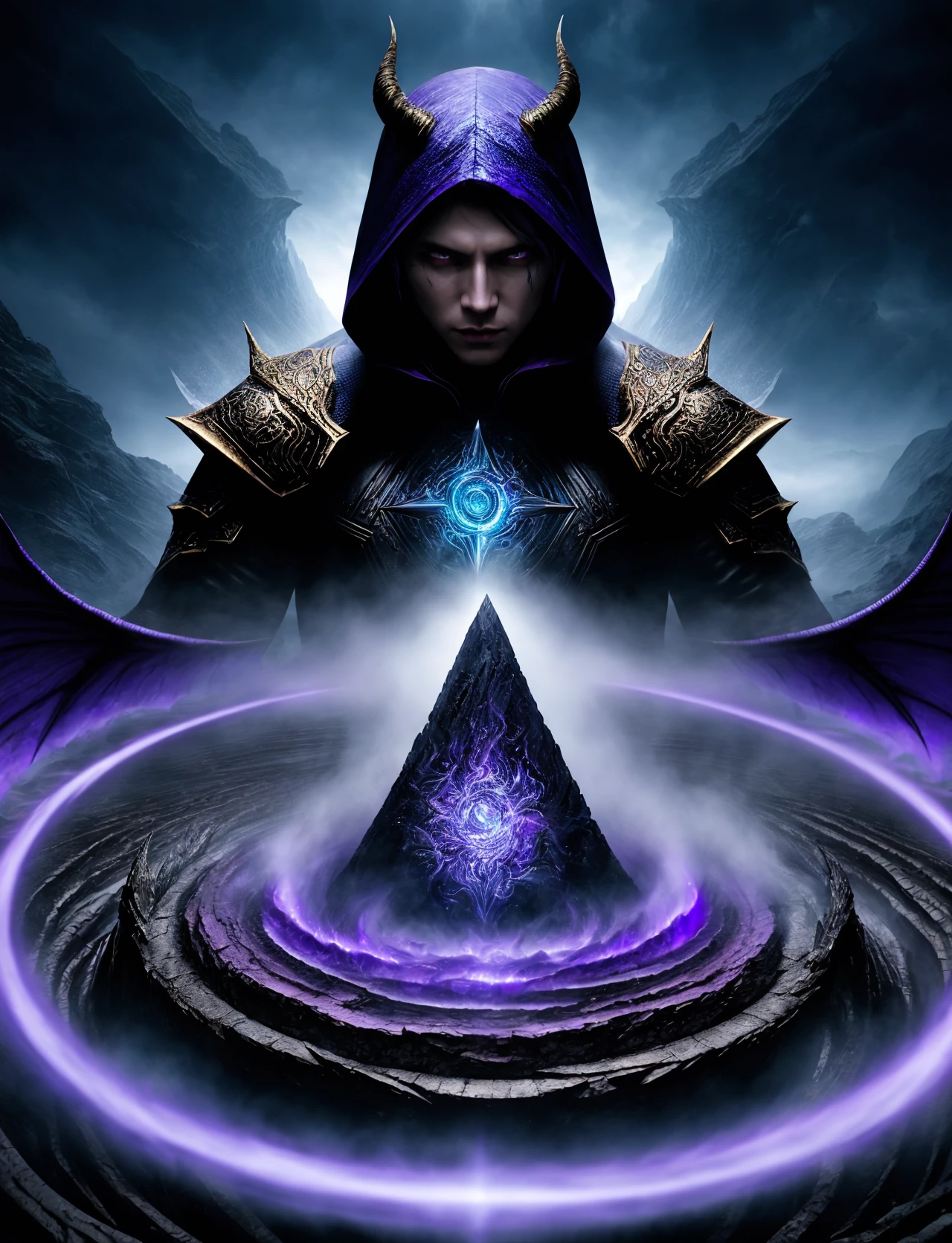 hyper detailed masterpiece, dynamic realistic digital art, awesome quality, person, male demon hunter Charming conjuration shaped like Whirlpool of bluish-violet cryptic chaos and weather manipulation, DonMM4g1c <lora:DonMM4g1c-v1.2rb2:0.8>