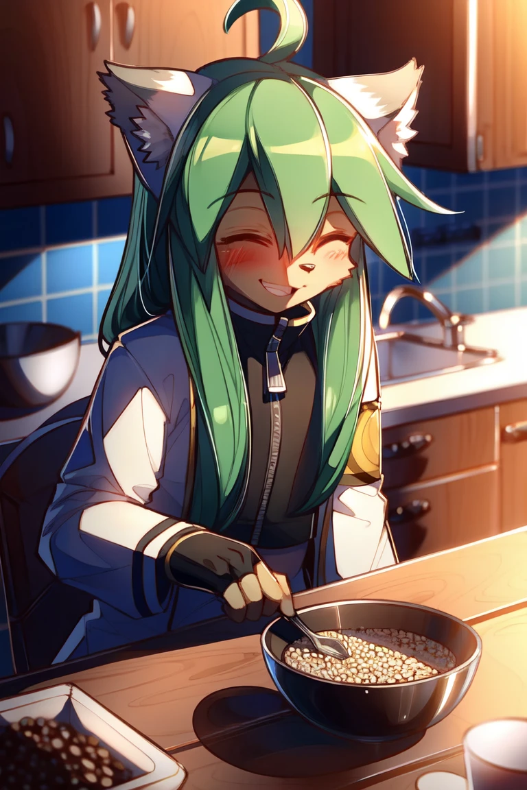 masterpiece, high quality, absurd res, (by shuuko:0.8), suzette, 1girl, solo, furry female, body fur, cat girl, upper body, sitting at table, white jacket, crop top, midriff, zipper, armband, fingerless gloves, cat ears, green hair, long hair, ahoge, shiny hair, ^ ^, smile, closed eyes, detailed face, animal nose, detailed background, kitchen, milk, cup, bowl, cereal, holding spoon, hanging lamp, (8k hd, hdr:1.1) <lora:suzetteSR:.9>
