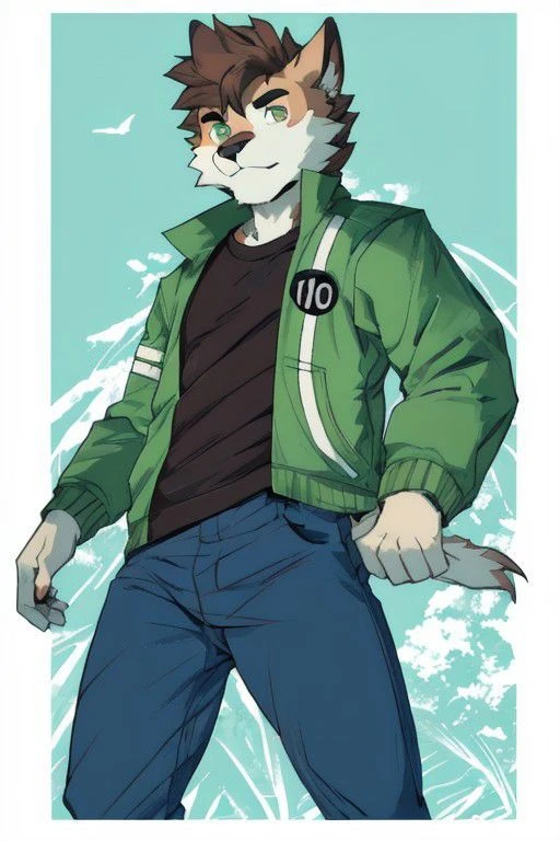 benuaf, 1boy, brown hair, blue pants, green jacket