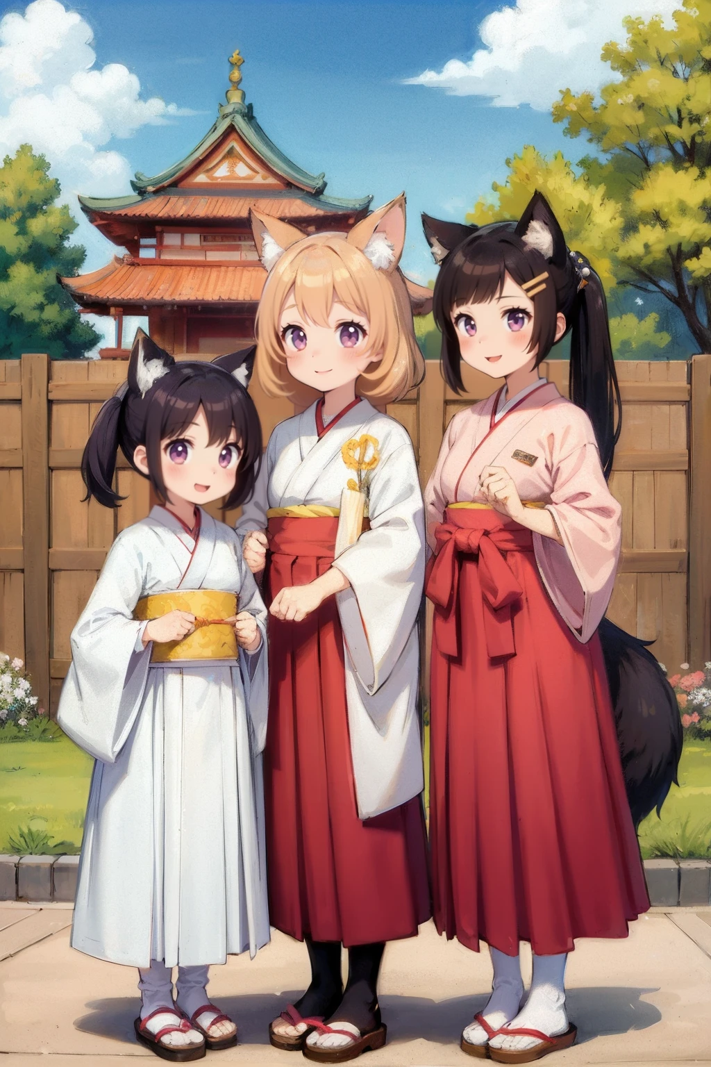 iroha (iroha matsurika:1.10), koyoi (iroha (iroha matsurika:1.10):1.10), kunoichi-chan (iroha (iroha matsurika:1.10):1.10), mutsuki (iroha (iroha matsurika:1.10):1.10), 3girls, :d, animal ear fluff, animal ears, arrow (projectile:1.10), bell, black hair, blue sky, blush, brown eyes, brown footwear, brown hair, cat ears, chinese zodiac, closed mouth, cloud, day, ema, fence, folded ponytail, fox ears, fox girl, fox tail, hair between eyes, hair ornament, hairclip, hakama, hakama skirt, hamaya, holding, holding arrow, japanese clothes, jingle bell, kagura suzu, kimono, light brown hair, long hair, long sleeves, miko, multiple girls, outdoors, parted bangs, petals, ponytail, purple eyes, red hakama, skirt, sky, smile, socks, tabi, tail, very long hair, white kimono, white socks, wide sleeves, wolf ears, wolf girl, wolf tail, x hair ornament, year of the dragon, zouri