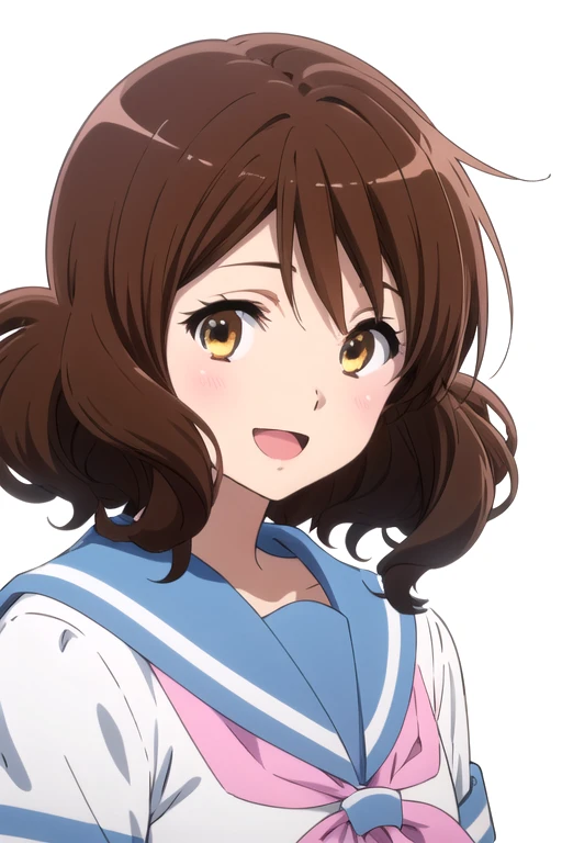 solo, 1girl, looking at viewer, sketch, flat colors, 2D, anime, anime coloring, upper body, (solid white background:1.3), <lora:kumiko-hibikeeuph:0.8>, kumiko oumae, kitauji high school uniform, serafuku, blue sailor collar, pink neckerchief, looking at viewer, smile, :d