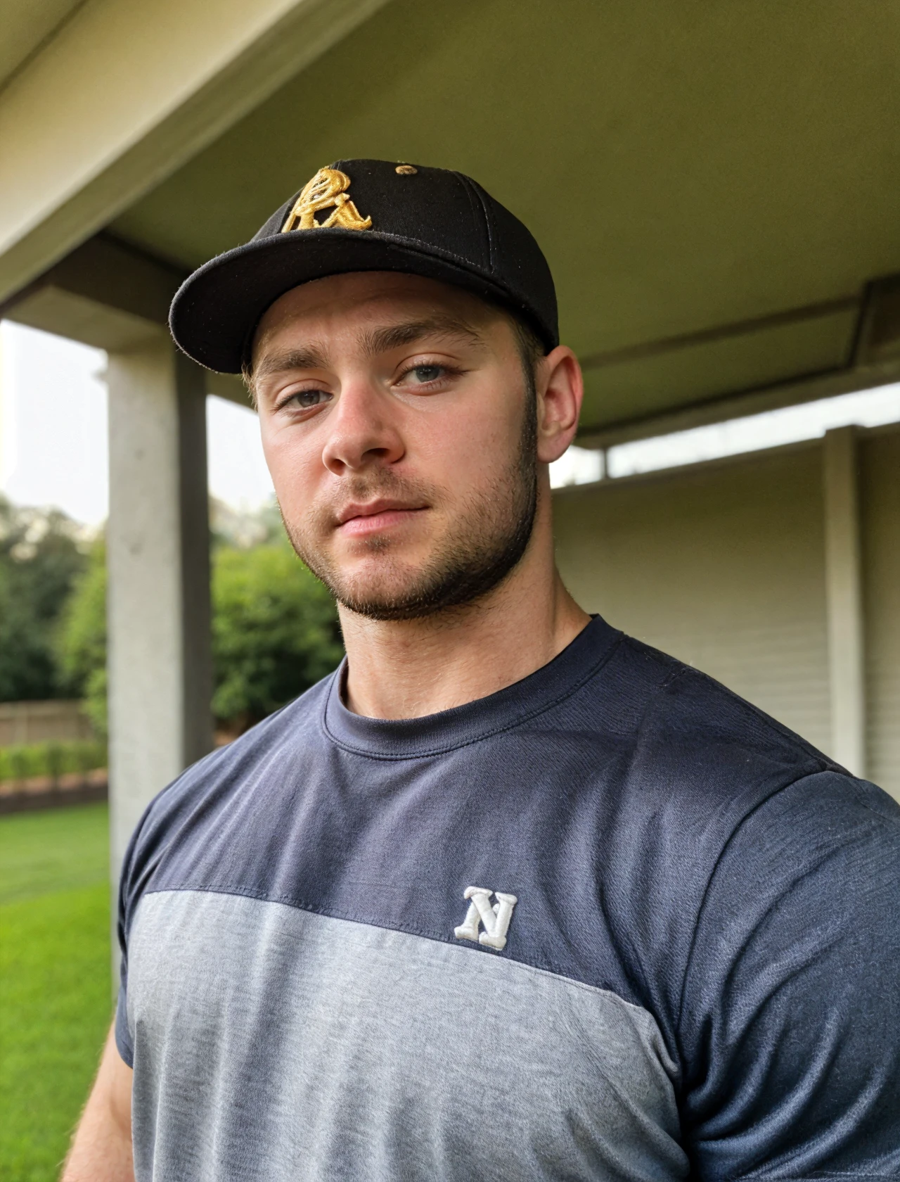 RAW photo, photo of man cf_josh wearing (baseball t shirt), raglan sleeve standing on the porch of a (frat house) outdoors <lora:CF_JOSH-07:0.9>