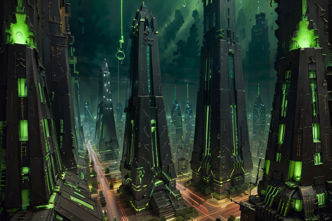 ((masterpiece,best quality)),
<lora:Necron_Architecture:0.7>,
Necron_Architecture,  (city, buildings with windows :1.2),
electricity, green glow, green theme,