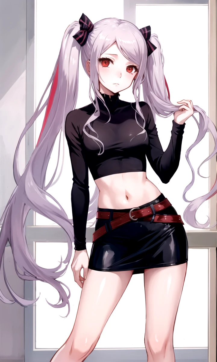 shalltear bloodfallen, (alternate costume:1.2), miniskirt, pencil skirt, revealing clothes, two-tone dress, crop top, 1girl, masterpiece, best quality, twintails, flat chest, <lora:Shalltearnew:1>, full body, closed mouth