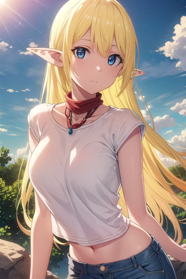 the real thing、女の子1人、(elvish)、a blond、Longhaire、poneyTail、Bewitching face、green colored eyes、toddlers、((Colossal tits:1.5))、pointed Nipple、((white t-shirts:1.5) ))、((big breasts thin waist))、((small ass))、a wet body、Cowboy Shot、facing front、Shiny body、pee、Looking at the camera、masterpiece