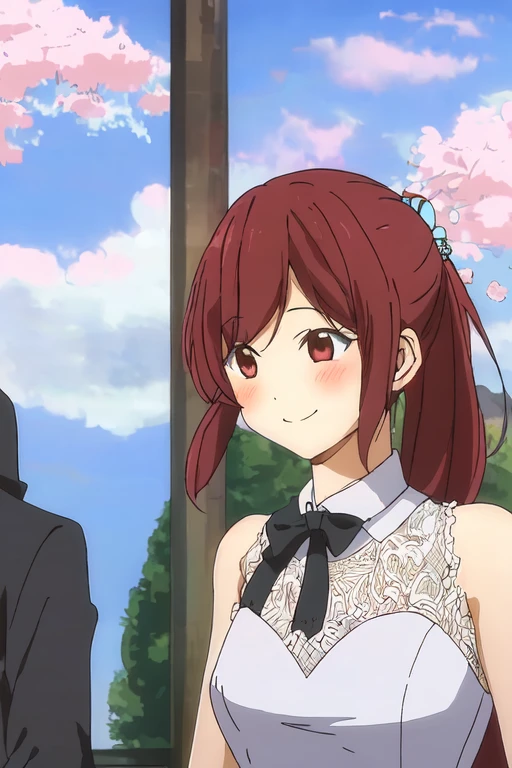 1girl, solo, gou_chan-1, (wedding dress), 1girl, front, looking at viewer, smile, blush, ponytail