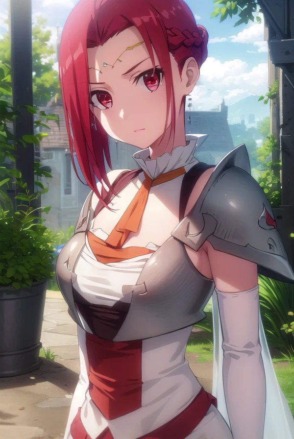 pinacolada, <lora:pina co lada s1s2-lora-nochekaiser:1>,
pina co lada, short hair, (red eyes:1.3), red hair, braid, single braid, braided ponytail,
BREAK skirt, thighhighs, cleavage, jewelry, earrings, detached sleeves, cape, armor, cleavage cutout, circlet,
BREAK outdoors, forest, nature, sun, sky, clouds, trees, grass,
BREAK looking at viewer, (cowboy shot:1.5),
BREAK <lyco:GoodHands-beta2:1>, (masterpiece:1.2), best quality, high resolution, unity 8k wallpaper, (illustration:0.8), (beautiful detailed eyes:1.6), extremely detailed face, perfect lighting, extremely detailed CG, (perfect hands, perfect anatomy),