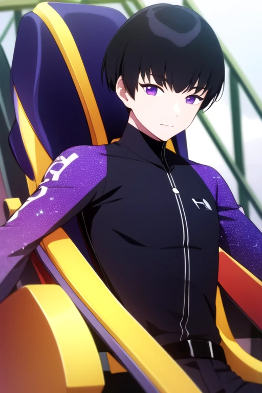 photorealistic, (4k), depth of field, (Masterpiece), (realistic skin texture), extremely detailed, intricate, hyper detailed, high resolution, professional photography, bokeh, depth of field, sharp detail, best quality, looking at viewer, 1boy, solo, male focus, <lora:mutsuki_naito:0.84>, mutsuki_naito, black hair, purple eyes, , , galactic warrior costume, roller coaster,