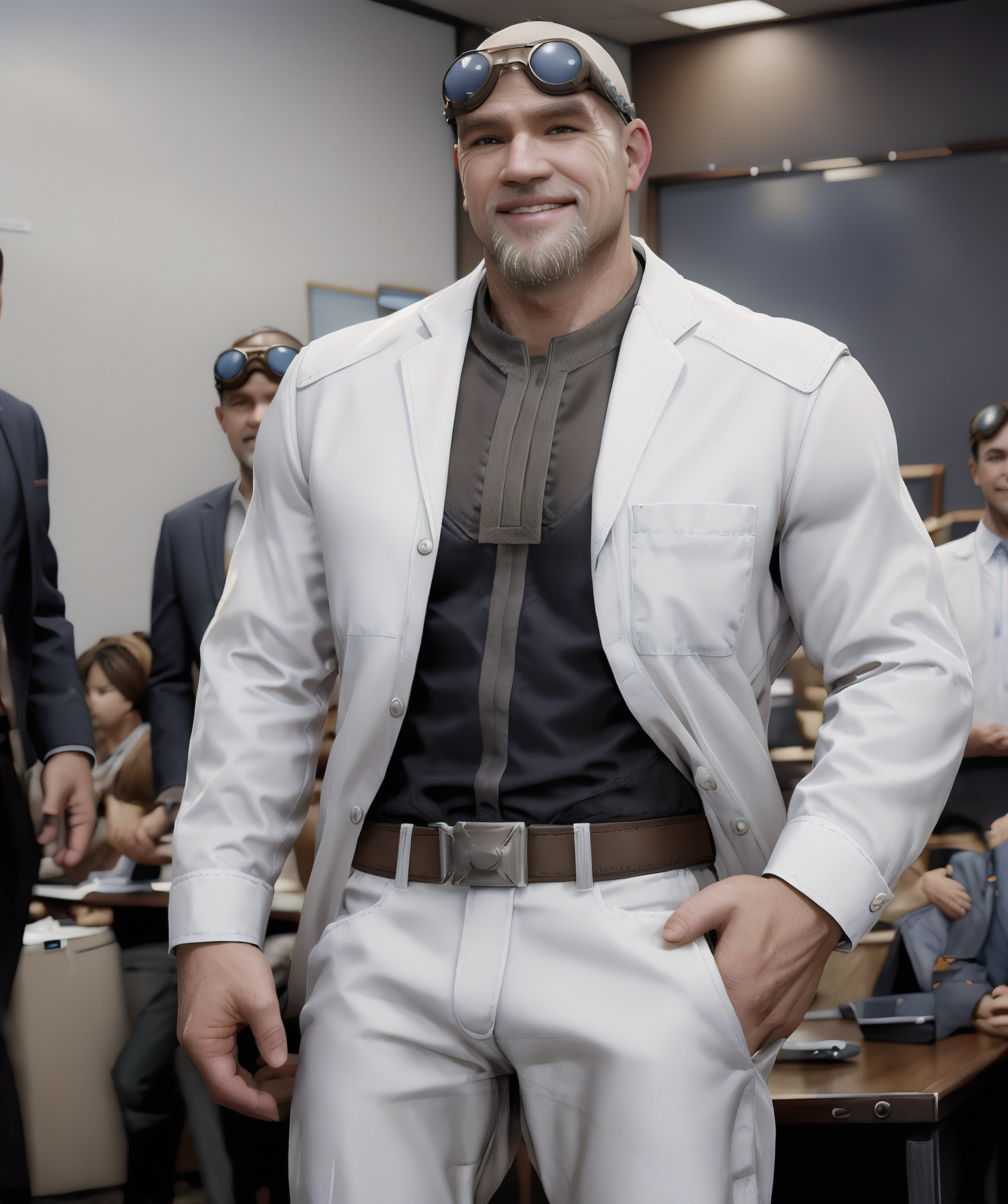 old_damon_baird, bald, goggles, old, wrinkle, white beard, suits, suit, long pants, hands in pocket, smiles, (office, meeting room) <lora:Old_Damon_Baird:0.85>