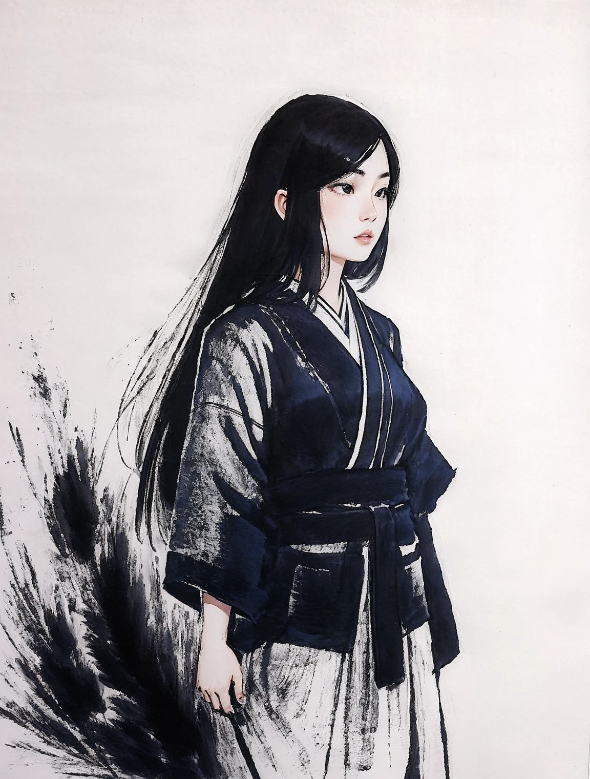 masterpiece,best quality,Washpainting,Ink wash painting,(1girl:1.4),standing,solo,(portrait),above waist,chinese zen,zen,<lora:WashPainting_v1.0:0.7>,minimalism,Zen aesthetics,blue copper mine,peacock green,rich light,minimalism,simple background,