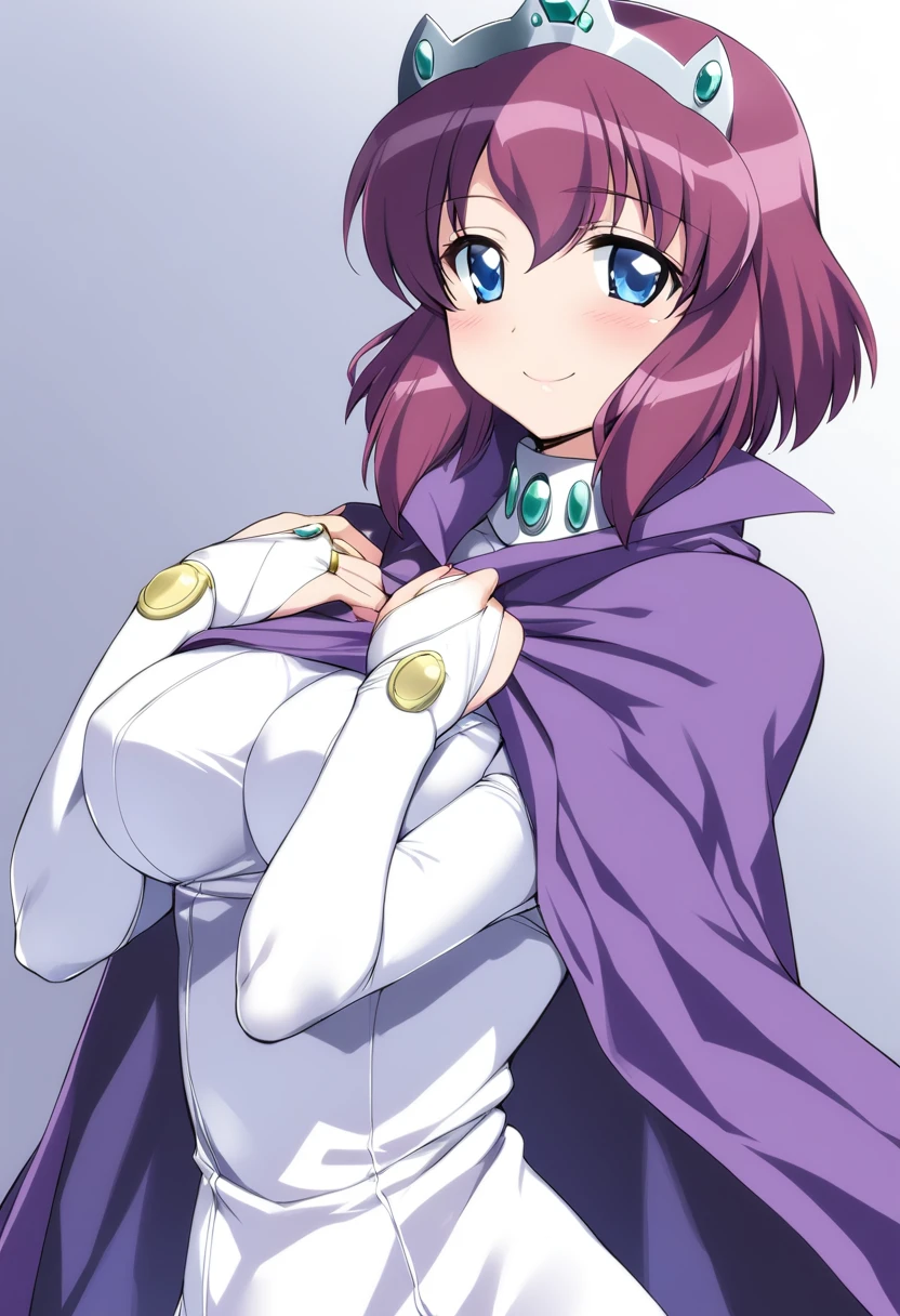 1girl, henrietta de tristain, solo, blue eyes, smile, breasts, purple hair, looking at viewer, tiara, cape, closed mouth, bridal gauntlets, purple cape, blush, short hair, upper body, medium quality, late, <lora:char - henrietta de tristain - v1 - bionagato:1>