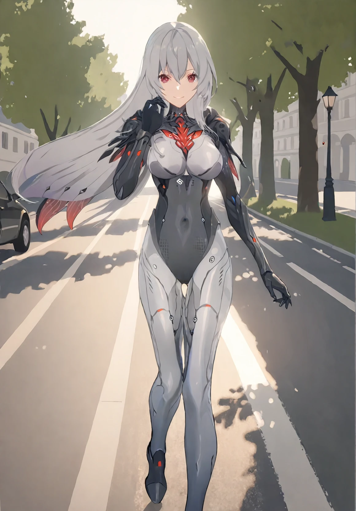 (1girl:1.5),(solo:1.2),masterpiece,best quality,highly detailed,by reiko,
nice hands,perfect hands,walking on street,(slight smile:1.2),(park background),red eyes,breasts,long grey hair,bodysuit,running,<lora:RubiliaLoraXL:1>,