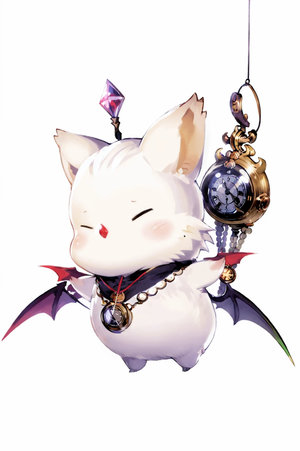 Moogle_FFXIV, solo, simple background, white background, full body, wings, no humans, bat wings, gem, pocket watch, masterpiece, official art, best quality, <lora:FFXIV_Moogle:1>