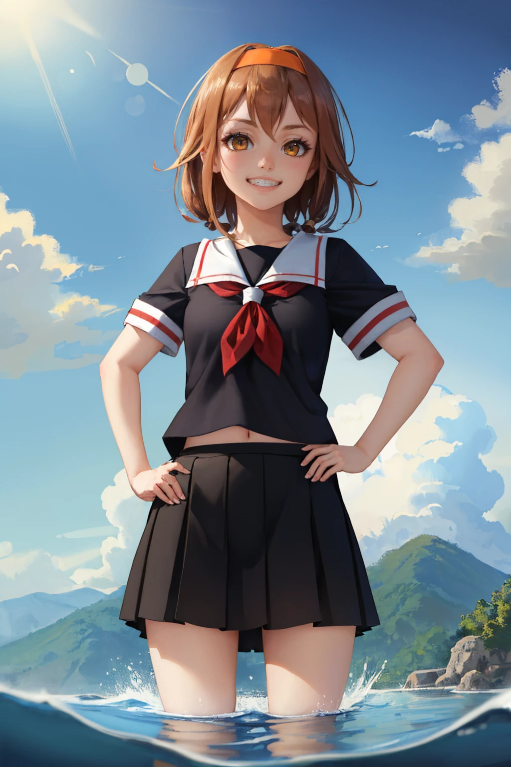 (masterpiece, best quality:1.2), solo, 1girl, shiratsuyu, grin, looking at viewer, hands on hips, wading, orange hairband, school uniform, black serafuku, red neckerchief, short sleeves, black skirt <lora:kancolle_shiratsuyu-10:1>