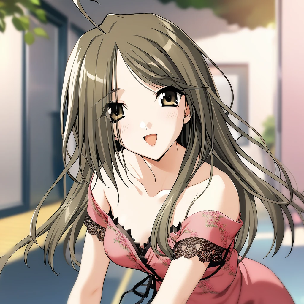 1girl,kodama hibiki,pink dress,blush, smile, bare shoulders, looking at viewer, masterpiece,solo, best quality, game cg,open mouth, :d,collarbone, bare shoulders <lora:KodamaHibikiXL:1>