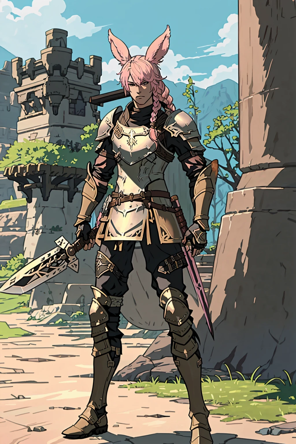 FFXIV_Viera, 1 boy, male focus, two tone hair, blonde hair, holding, standing, weapon, pink hair, braid, boots, outdoors, sword, holding weapon, armor, gauntlets, shield, breastplate, greaves, chainmail, masterpiece, official art, best quality, <lora:FFXIVViera:0.7>