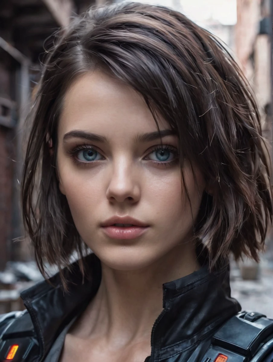 ultra-realistic Headshot of a beautiful brunette android in a cyberpunk alleyway,
The focus should be on achieving high levels of detail in her features, such as the texture of her skin, the shine in her hair, and the clarity in her eyes
<lora:PhotoDetailXL:2>