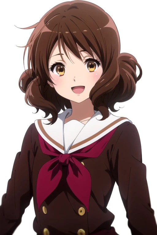 solo, 1girl, looking at viewer, sketch, flat colors, 2D, anime, anime coloring, upper body, (solid white background:1.3), <lora:kumiko-hibikeeuph:0.8>, kumiko oumae, kitauji high school uniform, red neckerchief, brown shirt, long sleeves, looking at viewer, smile, :d