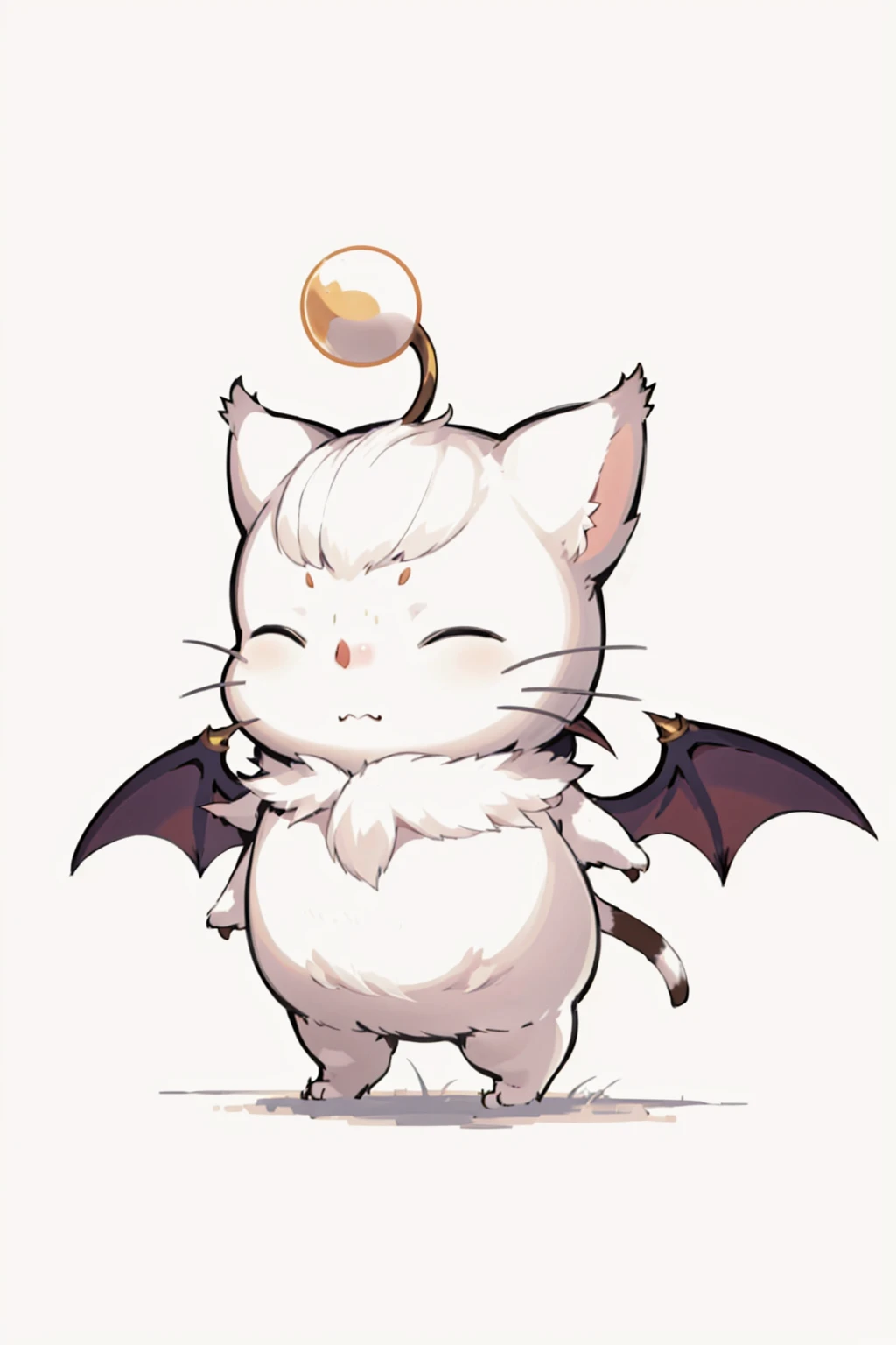 Moogle_FFXIV, solo, simple background, white background, closed mouth, standing, full body, closed eyes, wings, no humans, animal, cat, bat wings, animal focus, whiskers, creature, masterpiece, official art, best quality, <lora:FFXIV_Moogle:0.8>