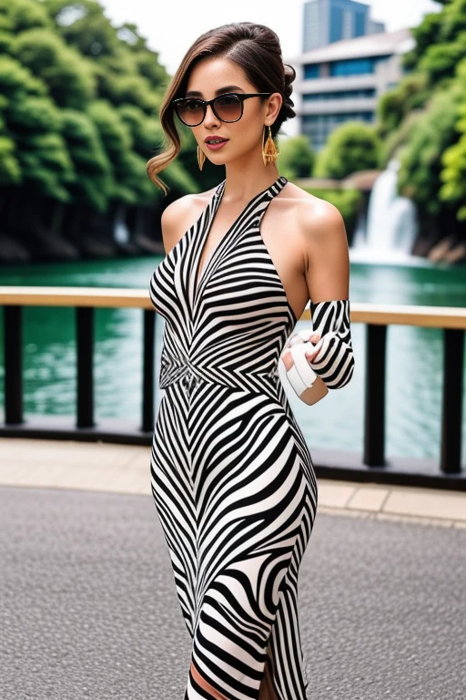 1girl, mature, beautiful, cute, hourglass body, masterpiece, scenic view
<lora:Zebra_Halter_Dress_By_Stable_Yogi:0.8> zebra lines print, long criss-cross halter dress, elbow gloves, earrings, sunglasses