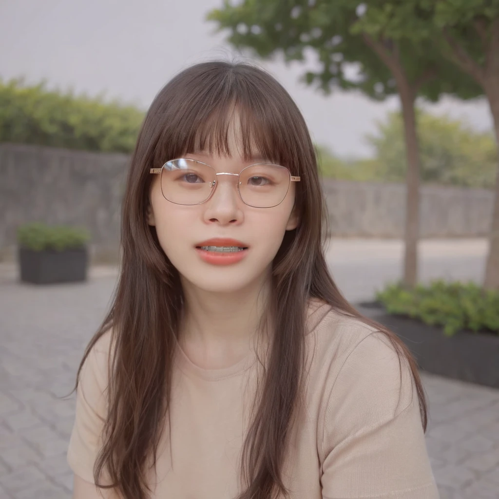 (best quality:1.4), (ultra highres:1.2), (photorealistic:1.4), (8k, RAW photo:1.2),(portrait shot:1.3), pinomyim, 1girl, solo, looking at viewer, bangs, brown hair, upper body, outdoors, blurry background, realistic, glasses, round eyewear, ponytail, realistic, long hair, Perfect Hands, <lora:closemouth:0.75>, <lora:braces-mini:0.75>,showing teeth,