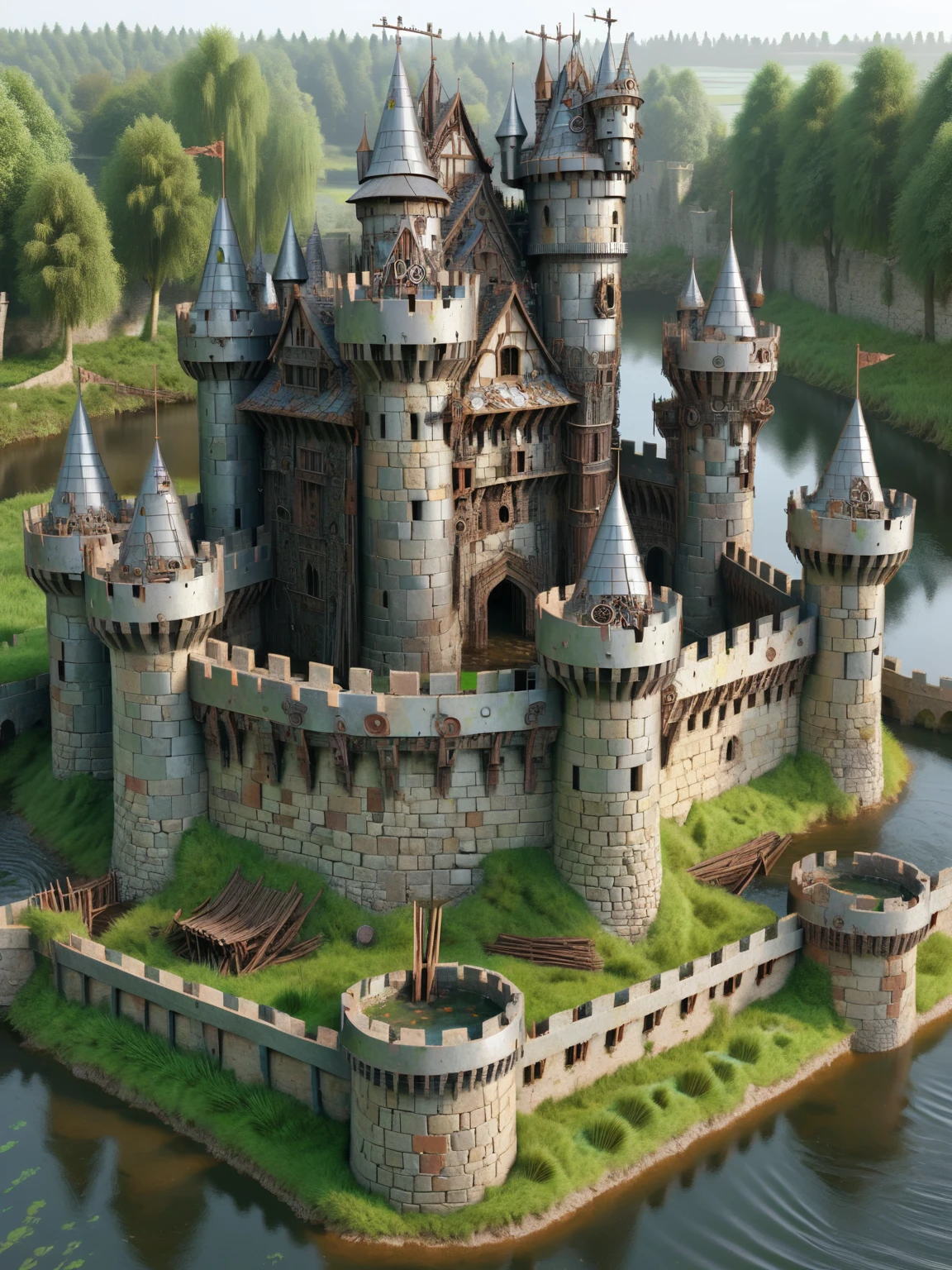 ais-scrapyrd medieval castle surrounded by a moat <lora:Scrapyard_Style_SDXL:1>