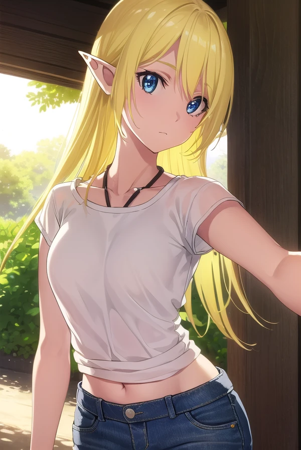 tukalunamarceau, <lora:tuka luna marceau s1s2-lora-nochekaiser:1>,
tuka luna marceau, long hair, blonde hair, pointy ears, elf, blue eyes,
BREAK jewelry, pants, necklace, denim, jeans, shirt, white shirt, short sleeves, collarbone, navel,
BREAK outdoors, forest, nature, grass, trees, sun, sky, clouds,
BREAK looking at viewer, (cowboy shot:1.5),
BREAK <lyco:GoodHands-beta2:1>, (masterpiece:1.2), best quality, high resolution, unity 8k wallpaper, (illustration:0.8), (beautiful detailed eyes:1.6), extremely detailed face, perfect lighting, extremely detailed CG, (perfect hands, perfect anatomy),