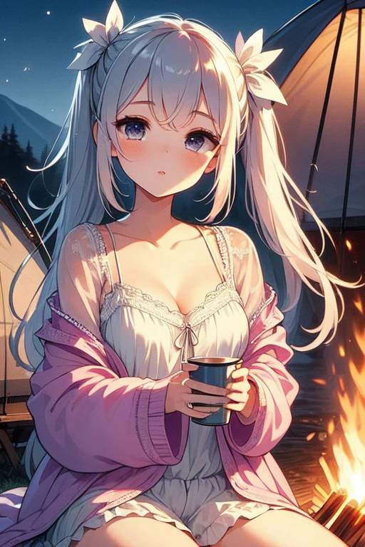 (((masterpiece))), (((best quality))), (((bonfire))), holding a cup, sitting on chair, frills chiffon pajamas, chiffon jacket, tent, night, camper van, solo, 1girl, cleavage, big tits, collarbone, longhair, ribbon, petite figure proportion, <lora:girllikebonfire:1>