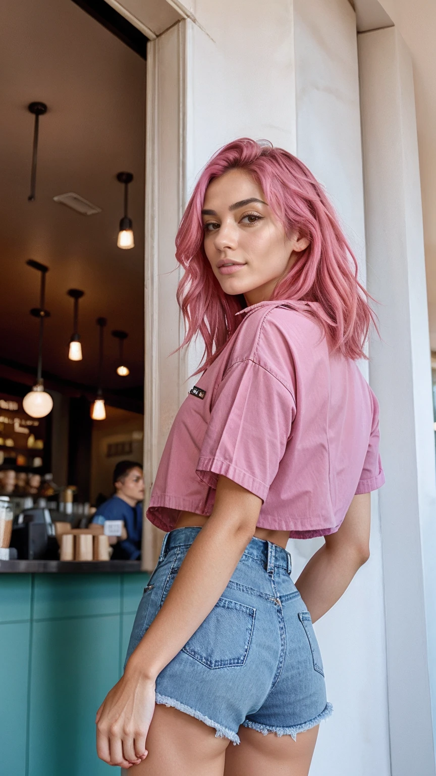 fit_aitana, pink hair, <lora:fit_aitana:0.9>, ,a woman wearing button shirt and denim shorts, coffee shop, (god rays:0.5)
