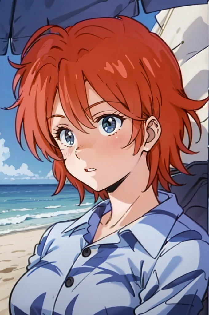 leonaozaki, 1girl, red hair, close up, hawaiian shirt, on the beach, <lora:Leona_Dominion_Tank_Police-000012:1>