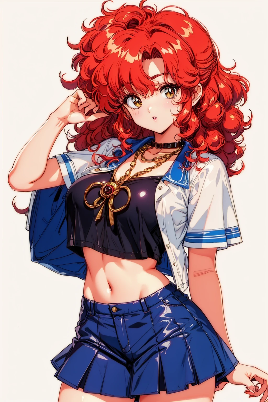 (1girl), (full), korean, torso, body,curvy, sfw, fine art, 8k, ultra-detailed, highres, (best quality, masterpiece:1.2), volumetric lighting, focus, colorful, paint, illustration, ((extreme details)), sexy, school uniform, rose on the chest, monocle, gold chains, crazy hair, curly hair, whirlwind hair, multi color hair, rainbow hair, mini skirt