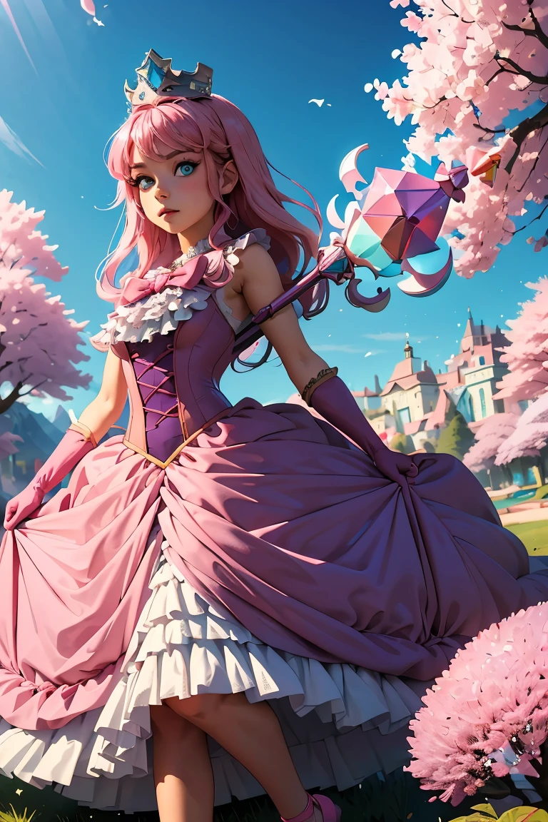 (masterpiece, best quality), 1girl, <lora:Princess:0.8> pterraria, aqua eyes, pink hair, crown, pink bow, pink dress, elbow gloves, frills, purple footwear, scepter, holding scepter