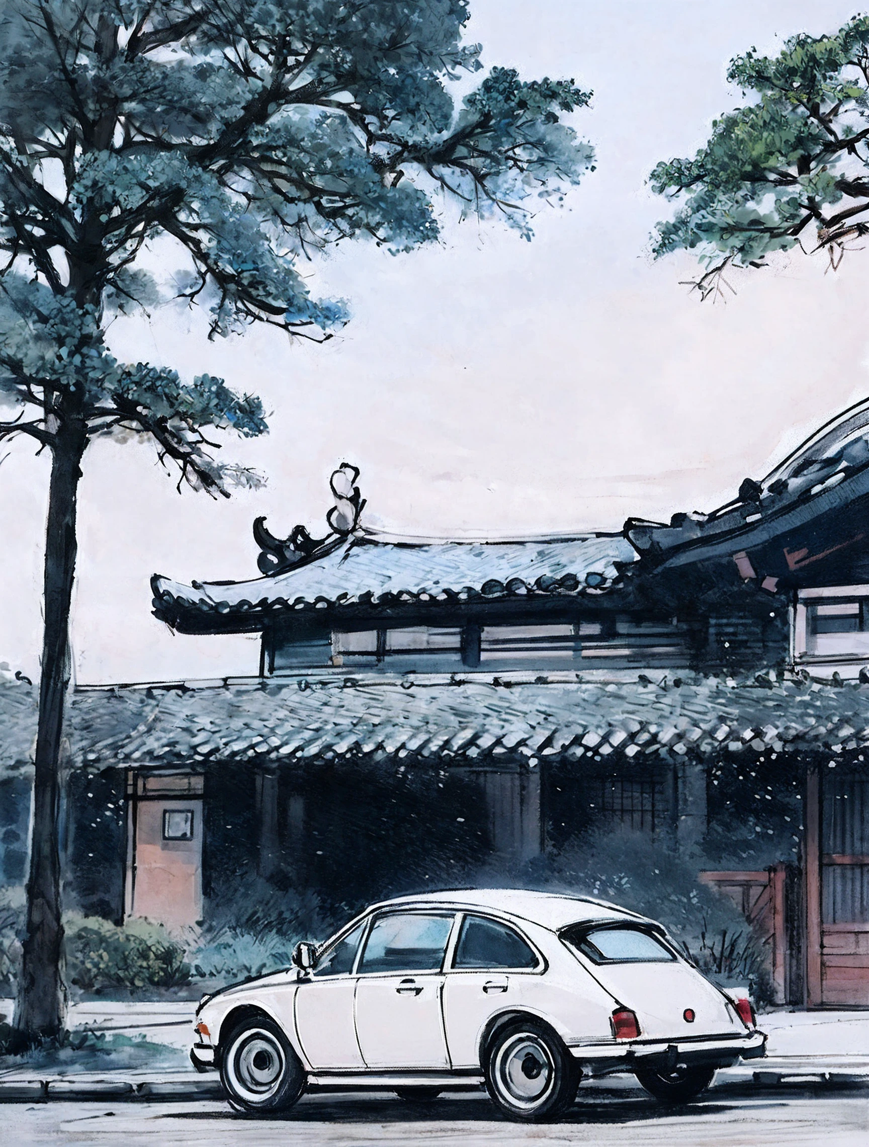 masterpiece,best quality,Washpainting,Ink wash painting,chinese zen,zen,<lora:WashPainting_v1.0:0.5>,minimalism,a drawing of a red car parked in front of a hous,