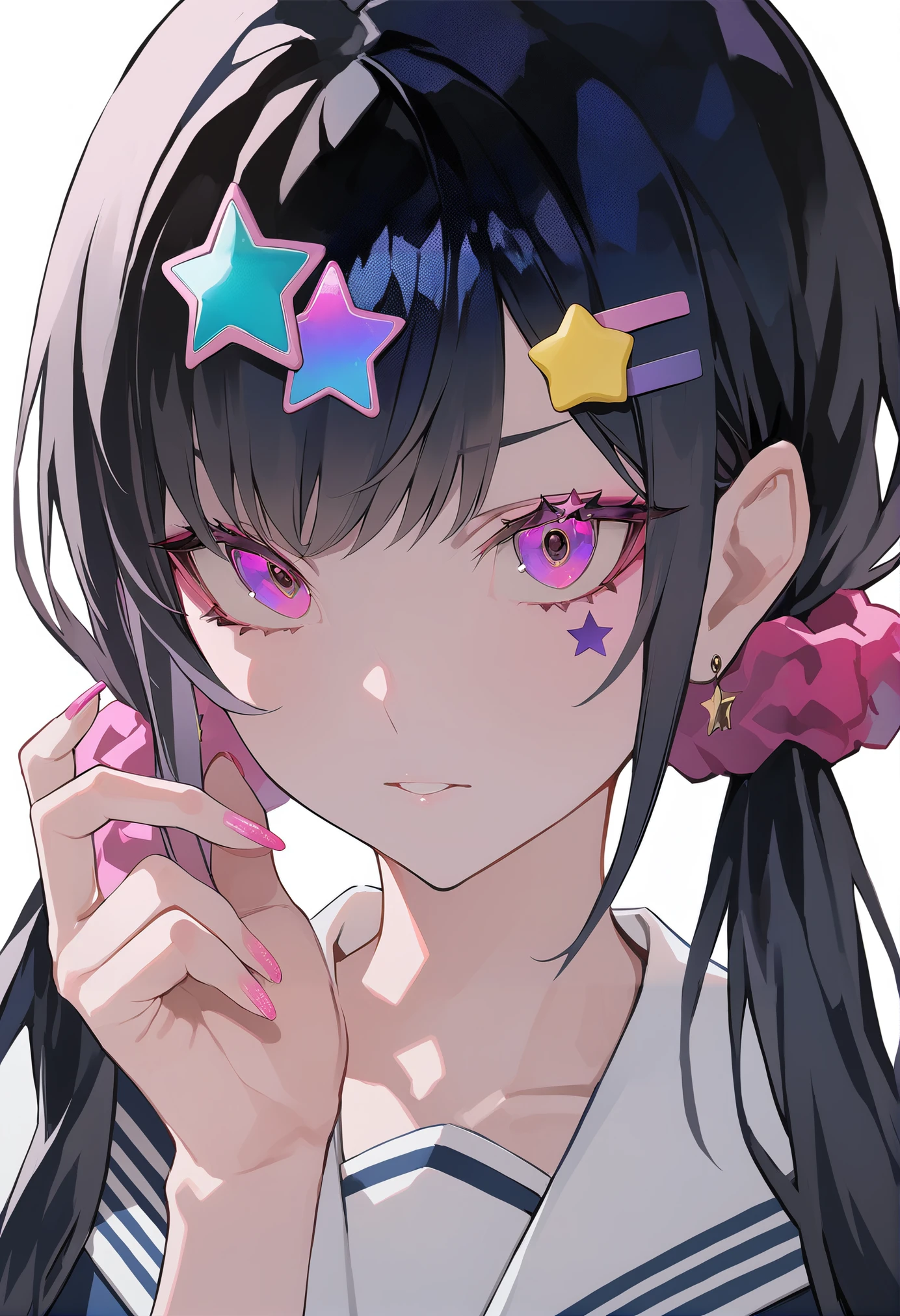 masterpiece, best quality, <lora:LAMXL_V1:1> 1girl, black hair, hair ornament, twintails, solo, star hair ornament, long hair, pink nails, scrunchie, star \(symbol\), earrings, school uniform, jewelry, sailor collar, purple eyes, nail polish, serafuku, upper body, low twintails, hairclip, bangs, pink eyes, hair scrunchie
