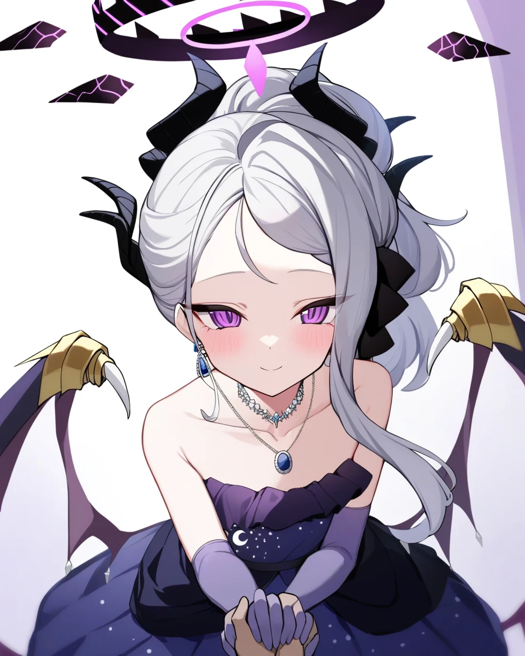 masterpiece, best quality, solo, cchina,halo,horns,long hair,ponytail,sidelocks,parted bangs,earrings,necklace,strapless dress,purple dress,elbow gloves,purple gloves,(wings:1.2),low wings,(purple pantyhose:1.2),black footweargleaming skin, thicc,
