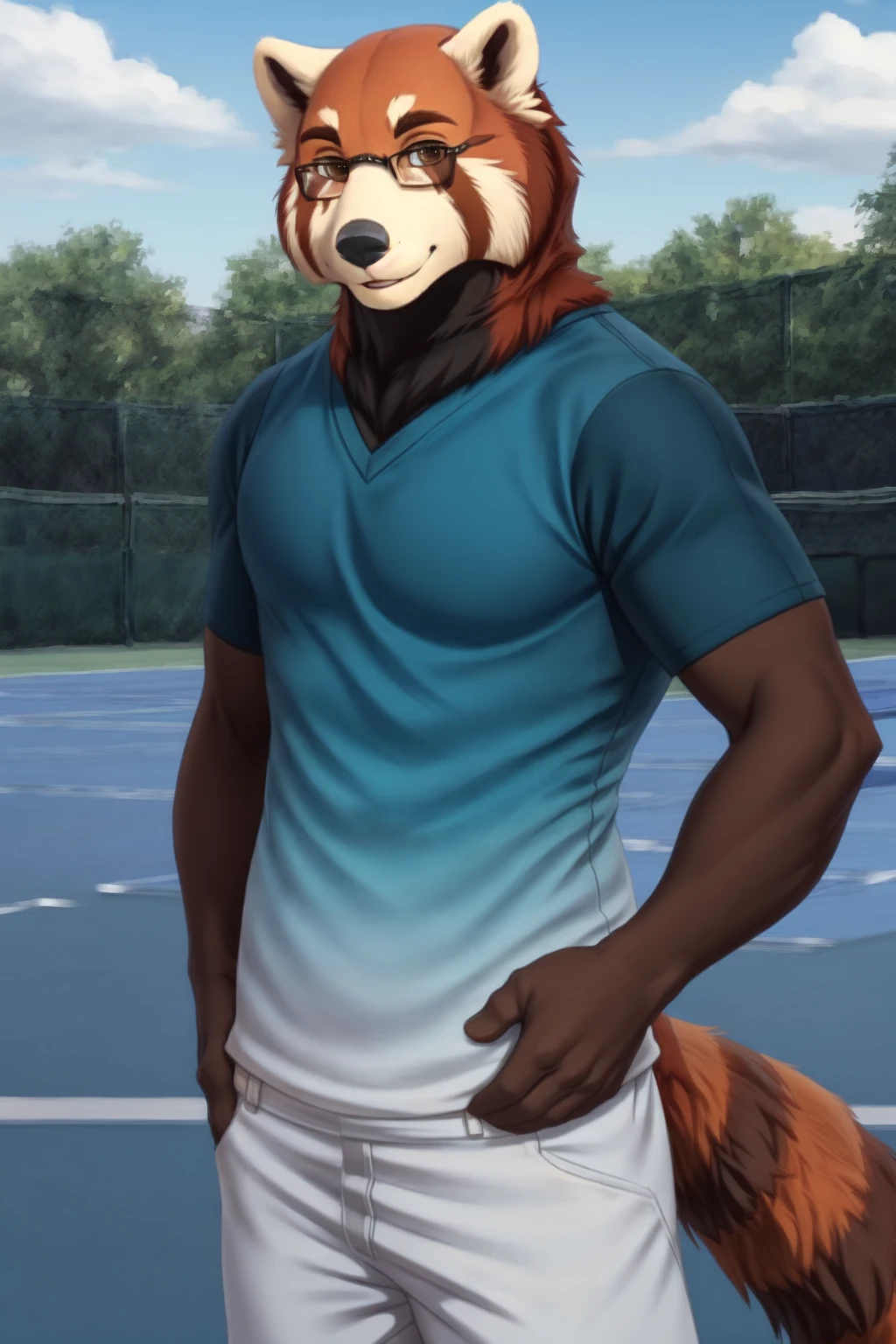 <lora:tanabe-06:1>, tanabe, male, (pose:1.3), (posing:1.3), (soft shading), 4k, hi res, ((detailed face, (brown eyes), detailed)), (full body), by zackarry911, by zaush, (by personalami:0.5), solo, looking at viewer, smile, shirt, 1boy, male focus, glasses, pants, muscular, hands on hips, blue shirt, muscular male, bara, sportswear, white pants, red panda, tennis court,