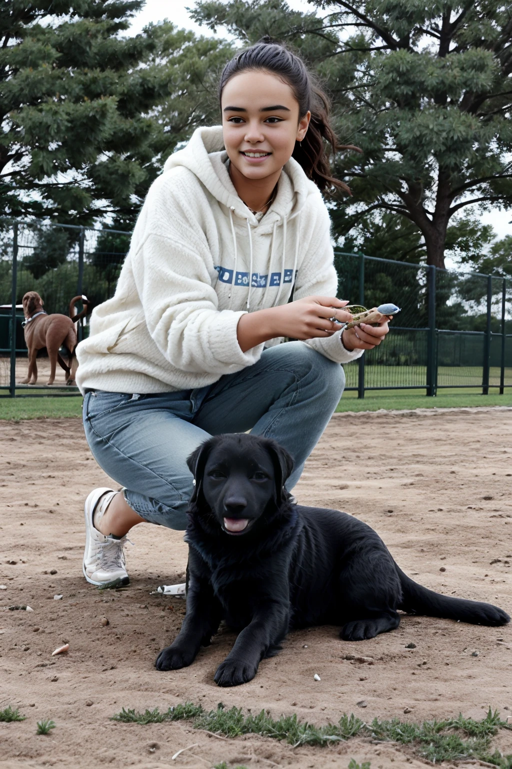 best quality, masterpiece,<lora:opt-courtneyeaton:1>opt-courtneyeaton, photorealistic, in a dog park playing with a puppy
