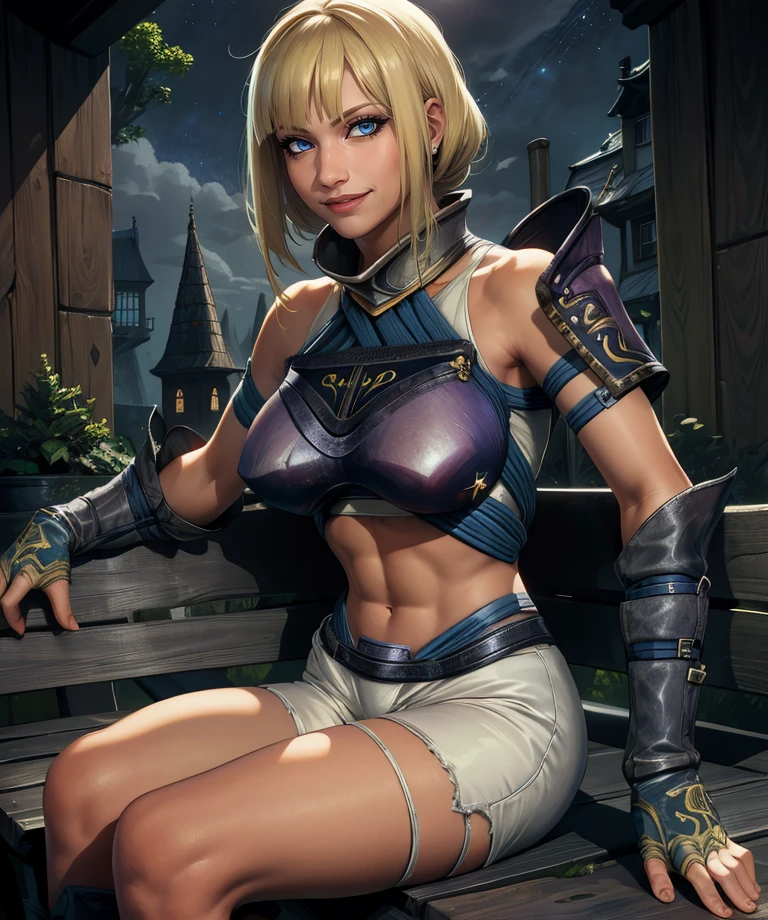 Roeas,blonde hair,long bang,blue eyes,
armor,single shoulder pad,gauntlets,midriff,white shorts,
smile,
sitting,bench,
fantasy,medieval,night,barracks,
(insanely detailed, beautiful detailed face, masterpiece, best quality),<lora:Roeas:0.8>,