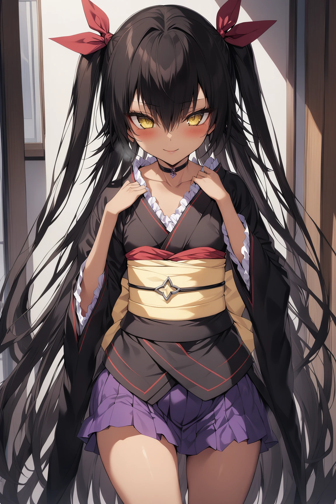 1girl, master_nemesis, to_love-ru_darkness, black_hair, very_long_hair, yellow_eyes, dark_skin, ribbon, hair_ribbon, kimono, obi, sash, violet miniskirt, highly detailed, masterpiece, best quality, anime style,