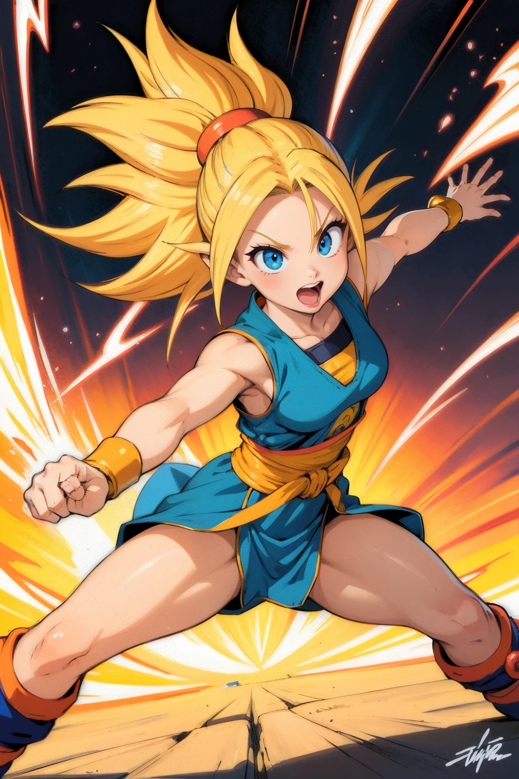 An electrifying illustration of a female super sayan character performing a kamehame, masterfully designed by Akira Toriyama. Her vibrant presence, dynamic stance, and signature features showcase Toriyama's ability to create memorable and visually striking characters. (Electrifying illustration of a female character by Akira Toriyama:1.4), (Masterfully designed with a vibrant presence and dynamic stance:1.3), (Signature features reflecting Toriyama's attention to detail:1.3), (Creating a visually striking character with artistic brilliance:1.4). Inspired by Akira Toriyama's artistic brilliance, this illustration brings a female character to life with vibrancy, a dynamic stance, and signature features. Cinematic view, Photorealistic, High-definition, Sharp, Ultra-detailed, Crisp, CS-BRYO CS-YBF, glow, masterpiece, highres, best quality, hot colors, glow, light rays,perfect lighting