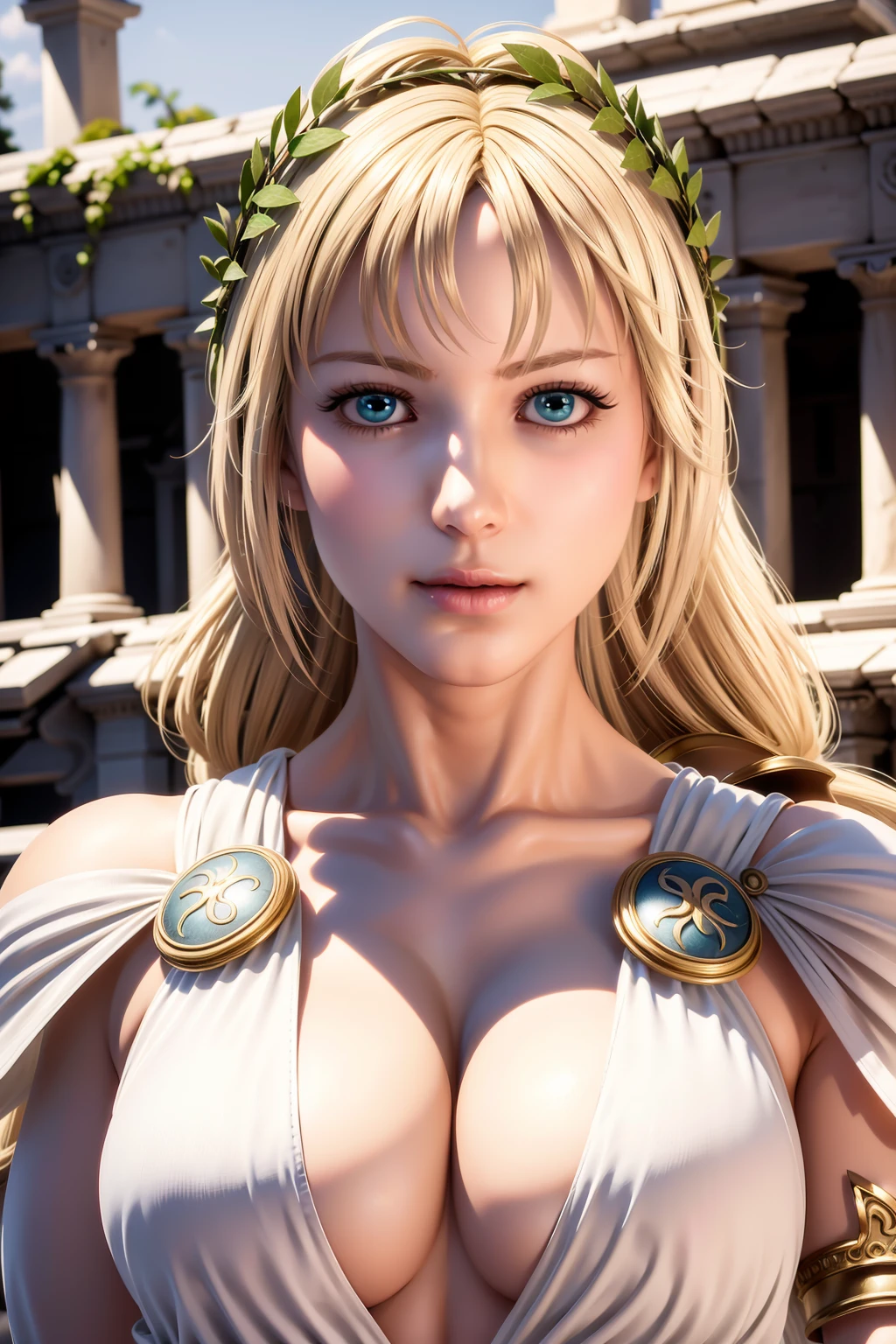 Simple White Background,
white dress,bare shoulders, cleavage, belted,
<lora:sophitia_soul_calibur-KK77-V1:0.7>, jewelry,
blue eyes, blonde hair,bangs,Long hair, green leaf on her head,
1 girl, 20yo,Young female,Beautiful long legs,Beautiful body,
Beautiful Nose,Beautiful character design, perfect eyes, perfect face,expressive eyes,perfect balance,
looking at viewer,(Focus on her face),closed mouth, (innocent_big_eyes:1.0),(Light_Smile:0.3),
official art,extremely detailed CG unity 8k wallpaper, perfect lighting,Colorful, Bright_Front_face_Lighting,White skin,
(masterpiece:1.0),(best_quality:1.0), ultra high res,4K,ultra-detailed,
photography, 8K, HDR, highres, absurdres:1.2, Kodak portra 400, film grain, blurry background, bokeh:1.2, lens flare, (vibrant_color:1.2),professional photograph,
(Beautiful,large_Breasts:1.4), (beautiful_face:1.5),(narrow_waist),
